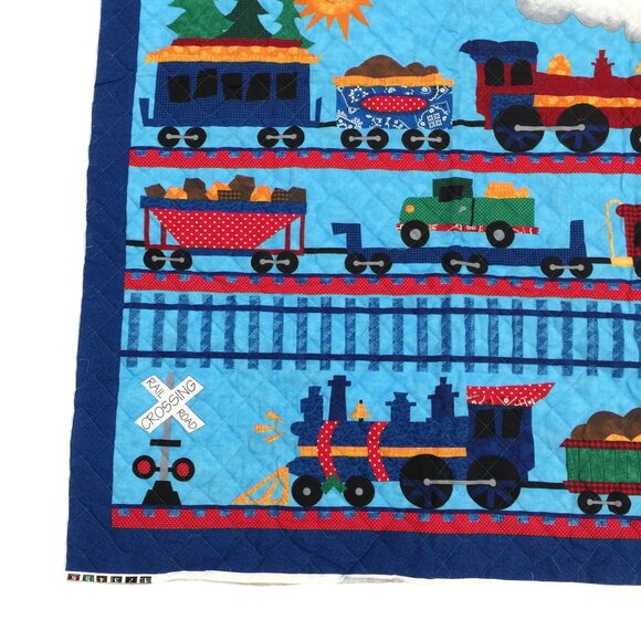 Vintage Dream Spinners VIP Cranston Fabric Panel Quilted Trains Blue 34x43 In - Picture 5 of 10